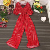 Jumpsuit Women Casual Elegant Polka Dot Puff Sleeve High Waist Chiffon Wide Leg Playsuit Female Rompers