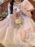 Vintage Mesh Dress Women Summer Blue White Black Retro Evening Party Dresses Sweet Korean Princess Fairy Dress
