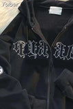 Embroidery Zip Up Hoodies Women Long Sleeve Sweatshirts Loose Hooded Jackets Y2K Clothes Grunge Punk Vintage Overcoat
