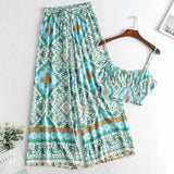 Boho Vintage Pattern Print Women 2 Piece Set Spring 2023 Midriff Baring Wide Leg Pant Retro Chic Beach Vacation Women