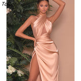 Satin Elegant Party Midi Dress Hollow Out Backless Bodycon Folds High Split Bandage Sleeveless Sexy Sparkly Dress