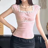 Aesthetic Lace Trim Short Sleeve Tee-Outfit