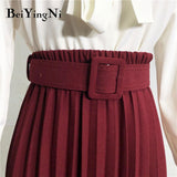 Women Pleated Midi Skirt High Waist Belt Korean Plus Size Spring Summer 2020 Casual Elegant Skirts Ladies Fashion