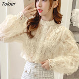 Vintage Crochet Women's Shirts Stand Collar Loose White Blouse See-through Lace Stitching Long Sleeve Shirt Tops