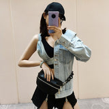 Denim Jackets For Women V Neck Long Sleeve One Off Shouder Patchwork Asymmetric Hollow Out Coats Female 2023
