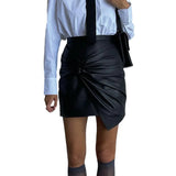 Toloer Women's Wear 2024 New Street Fashion Pleated Hip Skirt Leather Short Skirt-Outfit