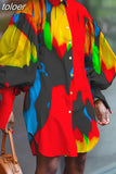 Print Colorblock Shirt For Women Lapel Collar Lantern Sleeve Button Through Blouse Female Korean Fashion Clothing