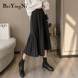 Vintage Pleated Midi Skirt for Woman 2019 Casual Elastic High Waist Solid Skirts Womens Harajuku Office Skirt