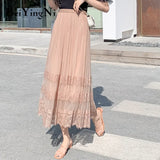 2020 Summer Lace Patchwork Casual High Waist Midi Tulle Skirt Woman Vintage Charming Long Tutu Skirt Ladies White