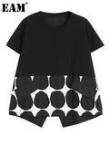 Women Black Dot Printed Casual Big Size T-shirt New Round Neck Short Sleeve Fashion Tide Spring Summer 2023
