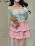 Skirt Outfits Summer Fashion 2 Piece Set Women Clothing Patchwork Crop Tops Lace Ruffles Mini Skirts Suit Korean Cute