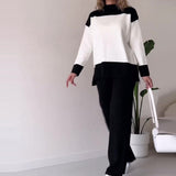 Autumn New Fashion Splicing Color Blouse Loose Wide Leg Trousers Set