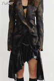 Fashion Women Blazer Notched Collar Long Sleeve Hidden Breasted Print Asymmetric Ruffle Suit Jacket Summer 2023 New