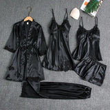 Women Summer Ice Silk Sexy Hot Home Clothes Spring And Autumn Long-Sleeved Thin Five-Piece Set