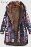 Fashion Female Jacket Plush Coat Women Windbreaker Winter Warm Outwear Floral Print Hooded Pockets Vintage Loose