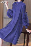 Appliques Dress For Female Half High Collar Puff Sleeve Straight Loose Waist Fold Pleated Dresses Women 2023 Spring