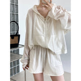 Sleeve Hooded Silk Sunscreen Hoodies + Shorts White Gray Women's Summer Thin Outdoor Two Piece