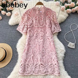 Summer French Style Dress Women 2022 Mesh Embroidery Beach Vacation Romantic Elegant Slim Ladies