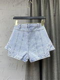 2023 Autumn Women's Shorts New Fashion High Waist Spliced Solid Color Irregular A-line Wide Leg Denim Shorts Skirts