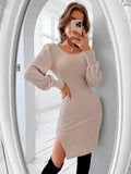 Knitted Dress Women V Neck Sexy Slim Elastic Bodycon Sweater Dress For Winter Long Sleeve Split Backless Lace Warm