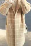 Philosophy Winter Plaid Women Faux Mink Cashmere Woolen Coat ladies casual turn-down collar coats female warm