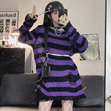 Goth Sweater Purple Striped Punk Style Lolita Pullover Japanese Harajuku Hollow Out Knitted Jumpers Alt Clothes