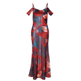 Women Floral Dress Summer Fashion Off Shoulder Suspender Sleeveless V Neck Maxi Dresses Holiday Party Long Beach