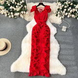 High-End High-End Light Luxury Small Frills Fold Three-Dimensional Lotus Leaf Side Of The Long Temperament Dress