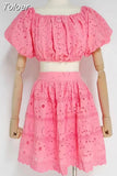 Casual Solid Cut Out Two Piece Suit For Women Square Collar Short Puff Sleeve Tops High Waist Mini Skirts Female Set