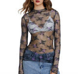 New Women's Lace Top Mesh Multi-Colored Bottom Shirt Sexy Hot Girl Trend