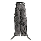 Toloer 2024 New Street Hipster Multi-Pocket Decoration Ribbon Design Sense Jeans Women's Hollow Out Cargo Pants-Outfit