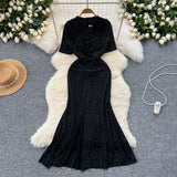 Woman Sexy Collar Short Sleeve Dress Female High-End Royal Sister Repair Hot Diamond Open Fork Long Fishtail