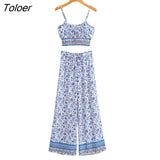 Boho Vintage Pattern Print Women 2 Piece Set Spring 2023 Midriff Baring Wide Leg Pant Retro Chic Beach Vacation Women