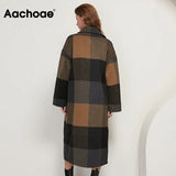 Women Vintage Plaid Woolen Long Coat With Pockets Double Breasted Fashion Overcoat Female Batwing Long Sleeve Wool