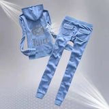 Tracksuits Women Elegant Two-Pieces Suit Sets Female Stylish Velet Zipper Hooded Top & Pant Zip Sets Joggers Juicy