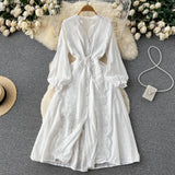 Lace Embroidary Women Dress 2022 Summer Fashion Elegant Long Sleeves Hollow Out French Style Ladies A Line