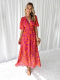 Summer Print V-Neck Sexy Bohemian Bubble Sleeve Holiday Beach