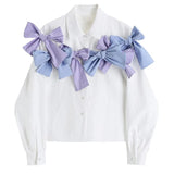 Women White Contrast Color Bow Temperament Blouse New Lapel Long Sleeve Loose Fit Shirt Fashion Spring Autumn 2023