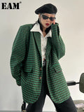 Women Green Plaid Big Size Casual Blazer New Lapel Long Sleeve Loose Fit Jacket Fashion Tide Spring Autumn 2023