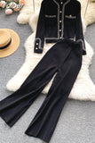 Autumn Korean Fashion Casual Knit Two Piece Set Women Sweater Cardigan Crop Top + Wide Leg Pant Suits Tracksuit 2 Piece