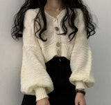 Party Sannian Women Weater Simple V-neck Big Button Loose Solid Color Lantern Sleeve Short Knit Cardigan Sweater Women Tops