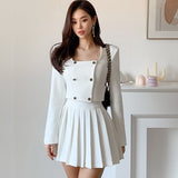 Chic Spring Fashion Pretty Style Women Two-Piece Set High Quality Short Crop Top + Pleated Mini Skirt Office Sweet