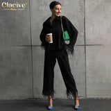 Causal White Home Suit Women Spring Elegant Loose Shirt Two Piece Pants Set Female Fashion Feather Spliced Trouser