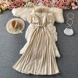 Summer Vintage Green/Beige/Purple Spaghetti Strap Pleated Long Dress Women Casual Off Shoulder Beach Party Vestidos 2021