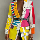 Sexy Print Colorblock Blazers For Women Notched Collar Long Sleeve Straight Jackets Female Autumn Clothing 2023
