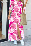 For Women 2023 Spring Summer Casual Loose Print Long Shirt Dress Button Up Long Sleeve Midi Elegant Vintage