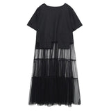 Women Black Mesh Irregular Lonng Big Size Dress New Round Neck Short Sleeve Loose Fit Fashion Spring Summer 2023