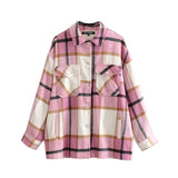 Stylish Pockets Oversized Plaid Jacket Coat Women Fashion Lapel Collar Long Sleeve Loose Outerwear Chic