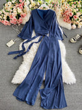 Women Bandage Two Piece Set Spring Autumn Solid Blue/Red/Green Long Sleeve Short Tops And High Waist Split Pants Female Suit