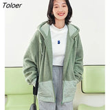 Women Plush Coat 2022 Winter Long Sleeve Loose Hooded Sweatshirts Splicing Diamond Check Jacket Casual Warm